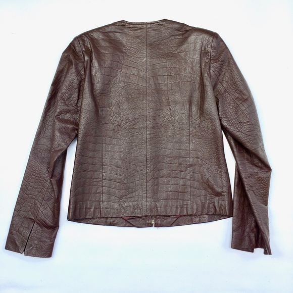 Cynthia Steffe New York Brown Leather Mock Croc Zip Front Crop Jacket Vintage - Picture 4 of 8